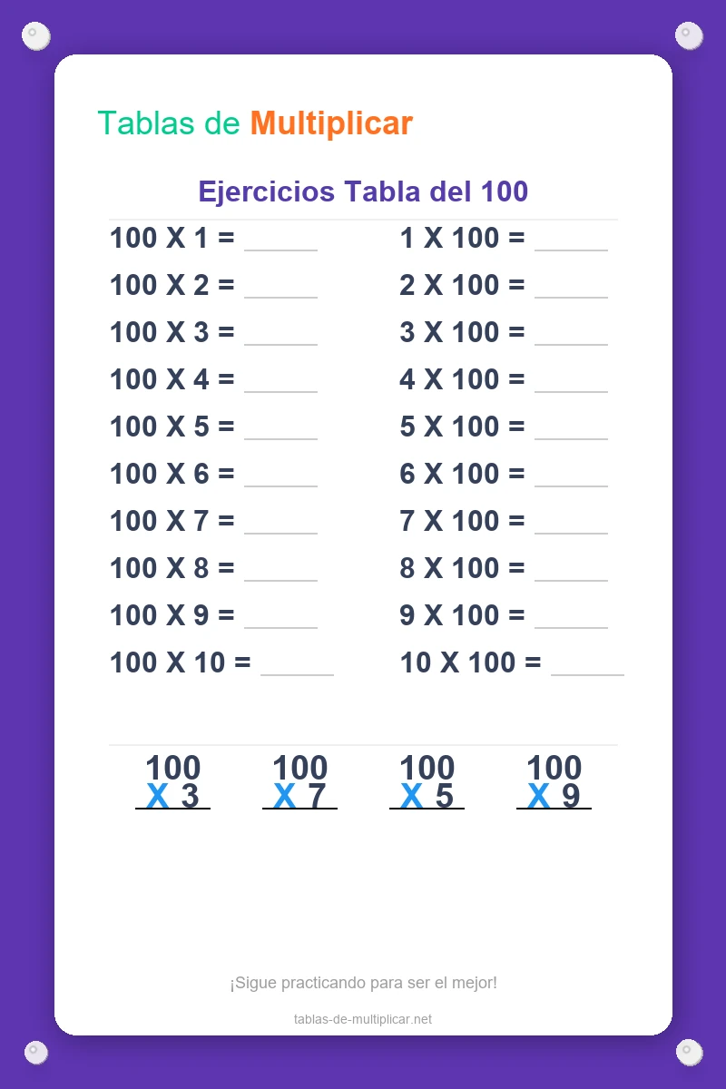 Ficha de ejercicios de la tabla del 100