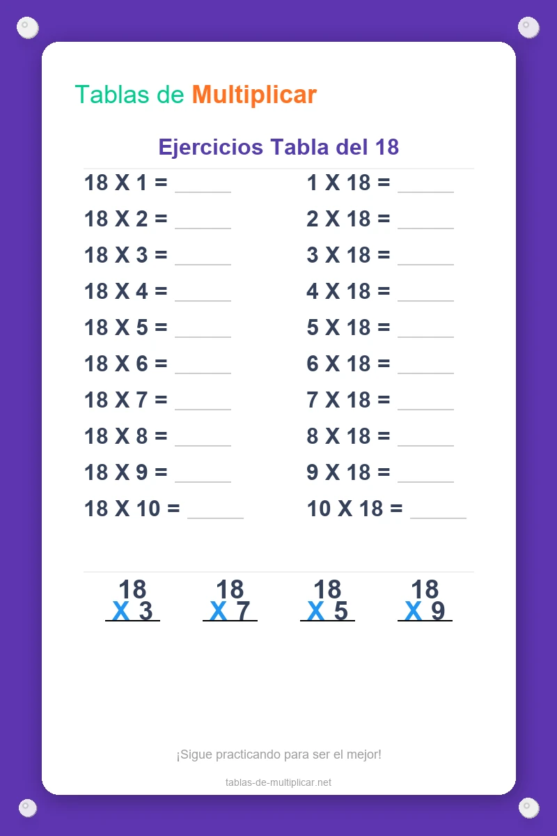 Ficha de ejercicios de la tabla del 18