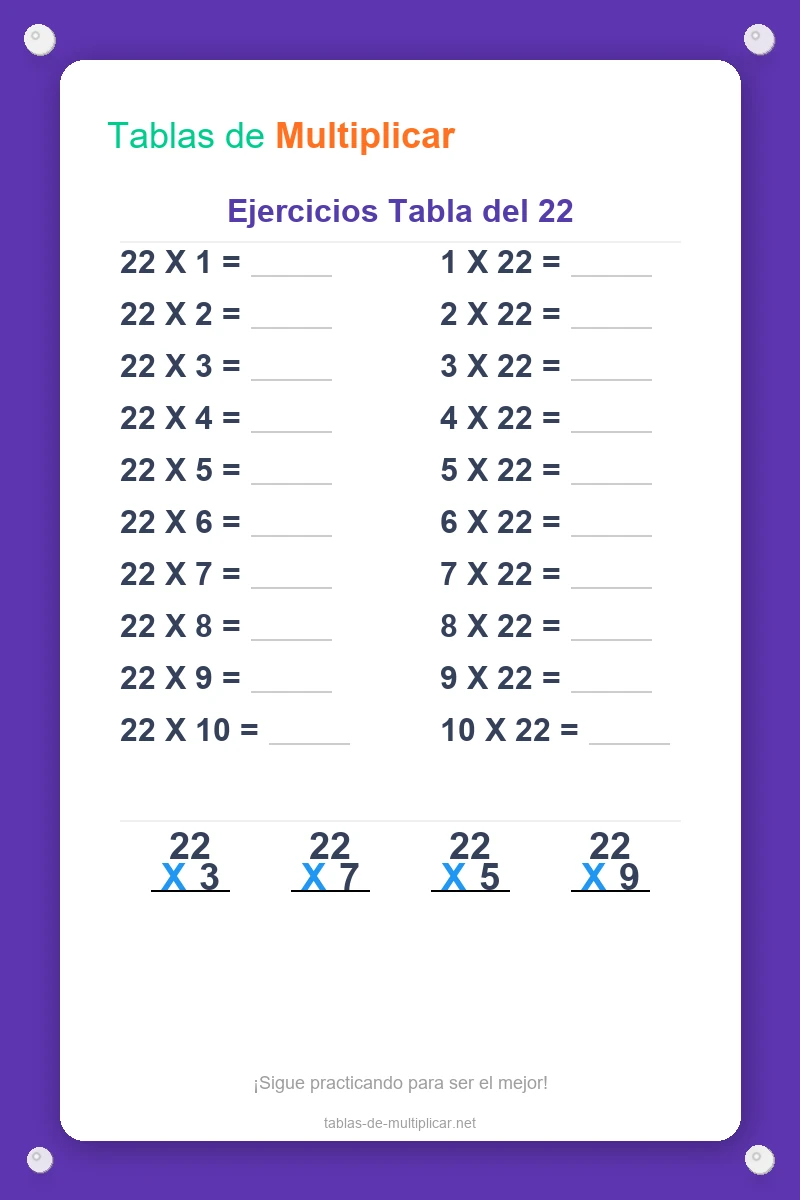 Ficha de ejercicios de la tabla del 22