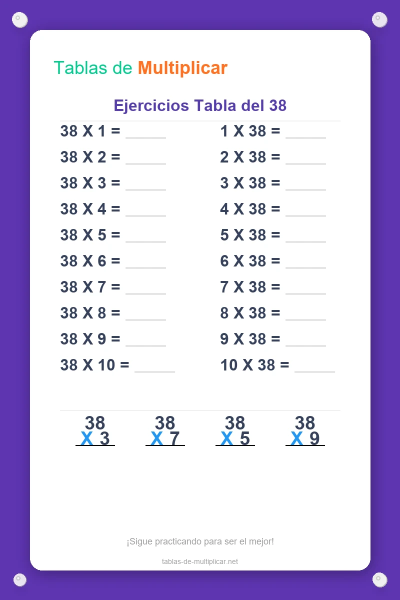 Ficha de ejercicios de la tabla del 38