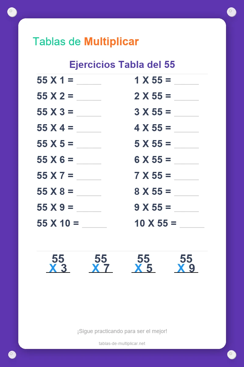 Ficha de ejercicios de la tabla del 55