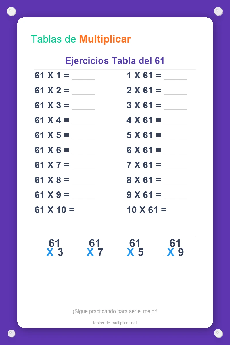 Ficha de ejercicios de la tabla del 61