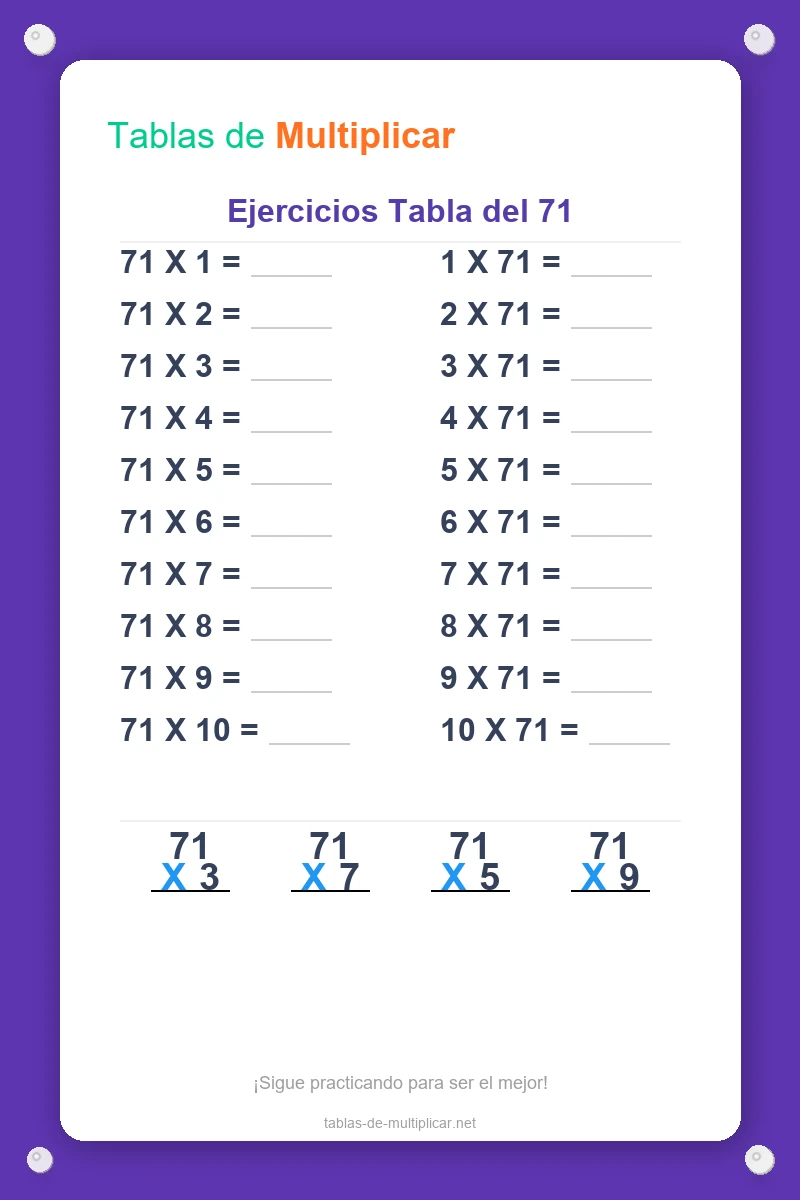 Ficha de ejercicios de la tabla del 71