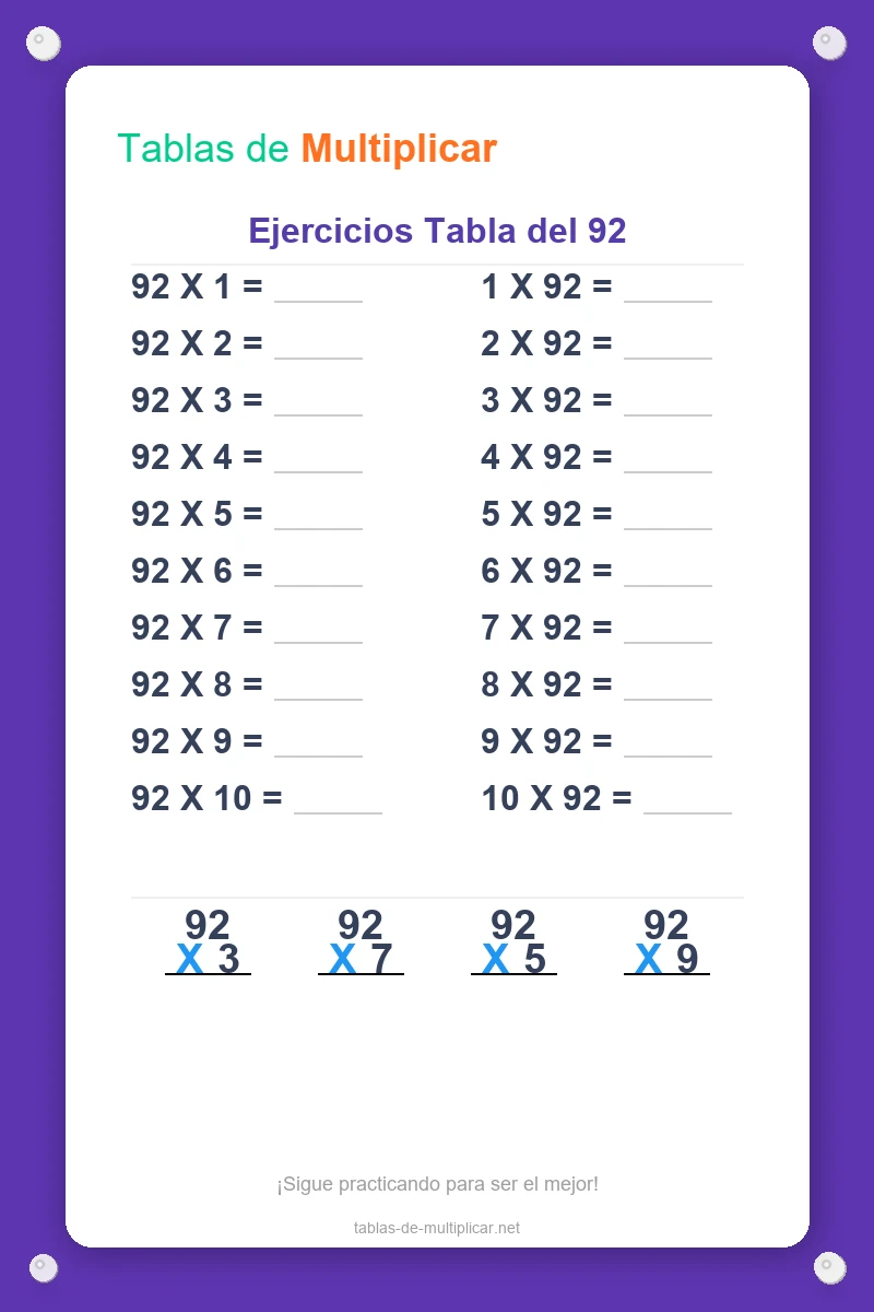 Ficha de ejercicios de la tabla del 92